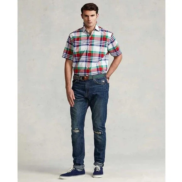 POLO RALPH LAUREN Men's Slim Fit Short Sleeve Oxford Shirt (Red White Multi, M)